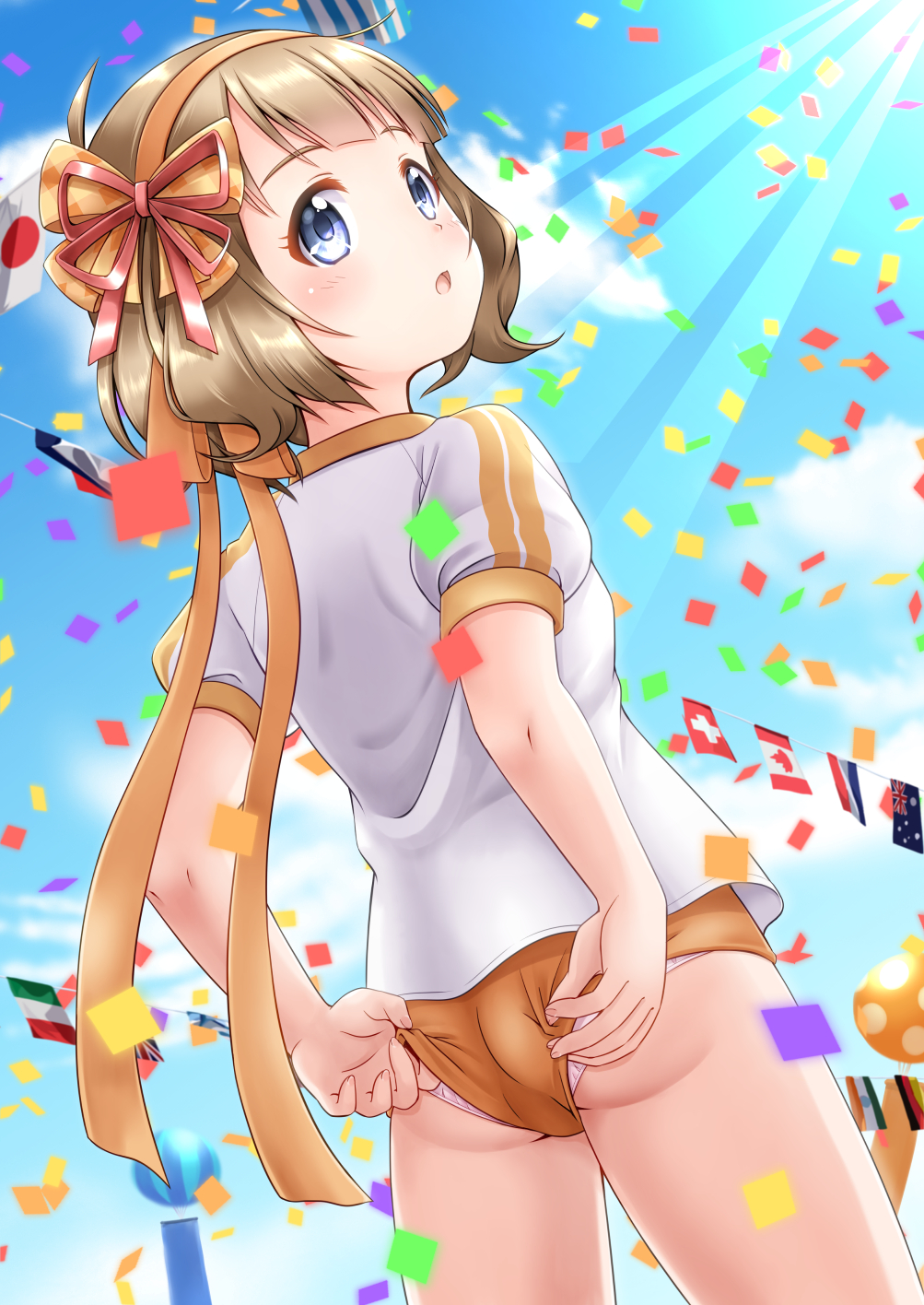1girl :o adjusting_buruma adjusting_clothes ass australian_flag blue_eyes blue_sky blunt_bangs blush brown_buruma brown_hair brown_hairband brown_ribbon buruma canadian_flag cloud commentary_request confetti cowboy_shot day dutch_angle dutch_flag female_focus fingernails flags_of_all_nations german_flag greek_flag gym_shirt gym_uniform hairband highres idolmaster idolmaster_million_live! indian_flag italian_flag japanese_flag looking_at_viewer looking_back outdoors panties panties_under_buruma parted_lips regular_mow ribbon shirt short_hair short_sleeves sky solo string_of_flags sunlight suou_momoko swiss_flag underwear union_jack white_panties white_shirt