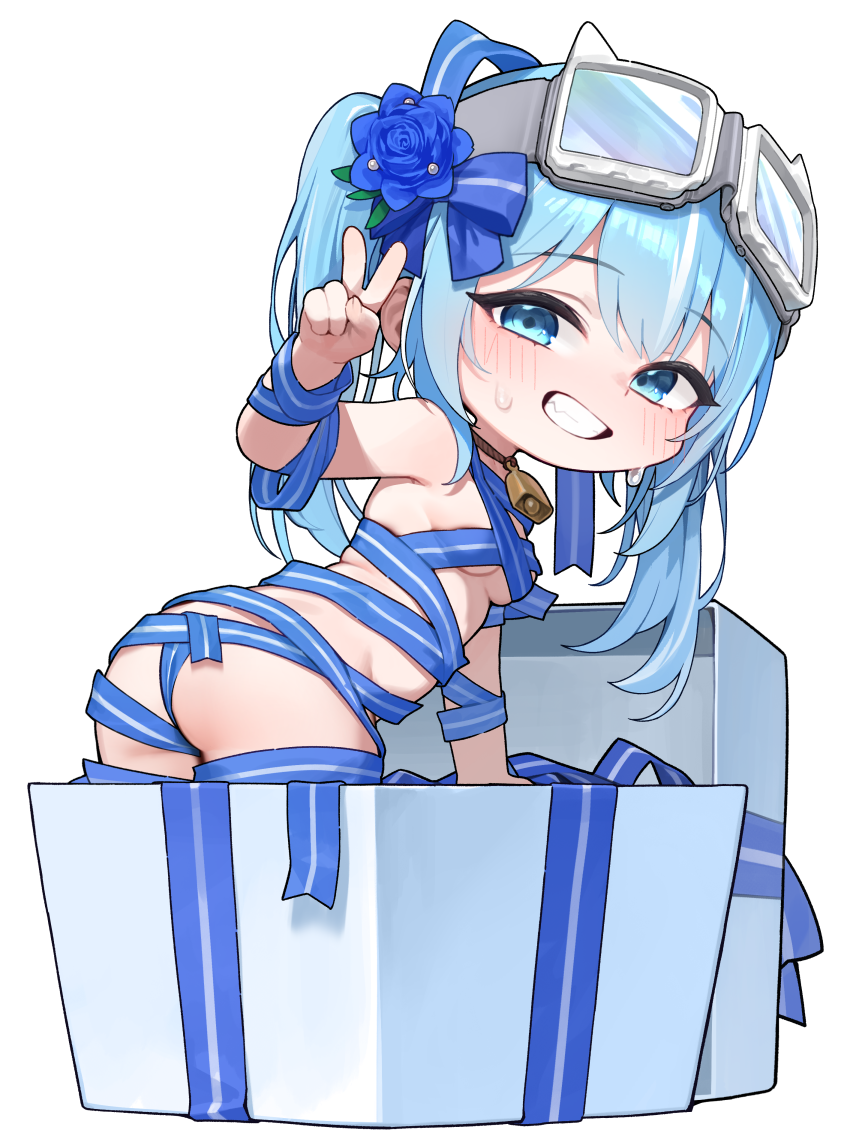 1girl arahashi_tabi bell blue_eyes blue_hair blue_ribbon box breasts chibi commentary_request flower gift goggles goggles_on_head grin hair_ornament korean_commentary loli looking_at_viewer naked_ribbon neck_bell ribbon sangobob smile solo stellive v