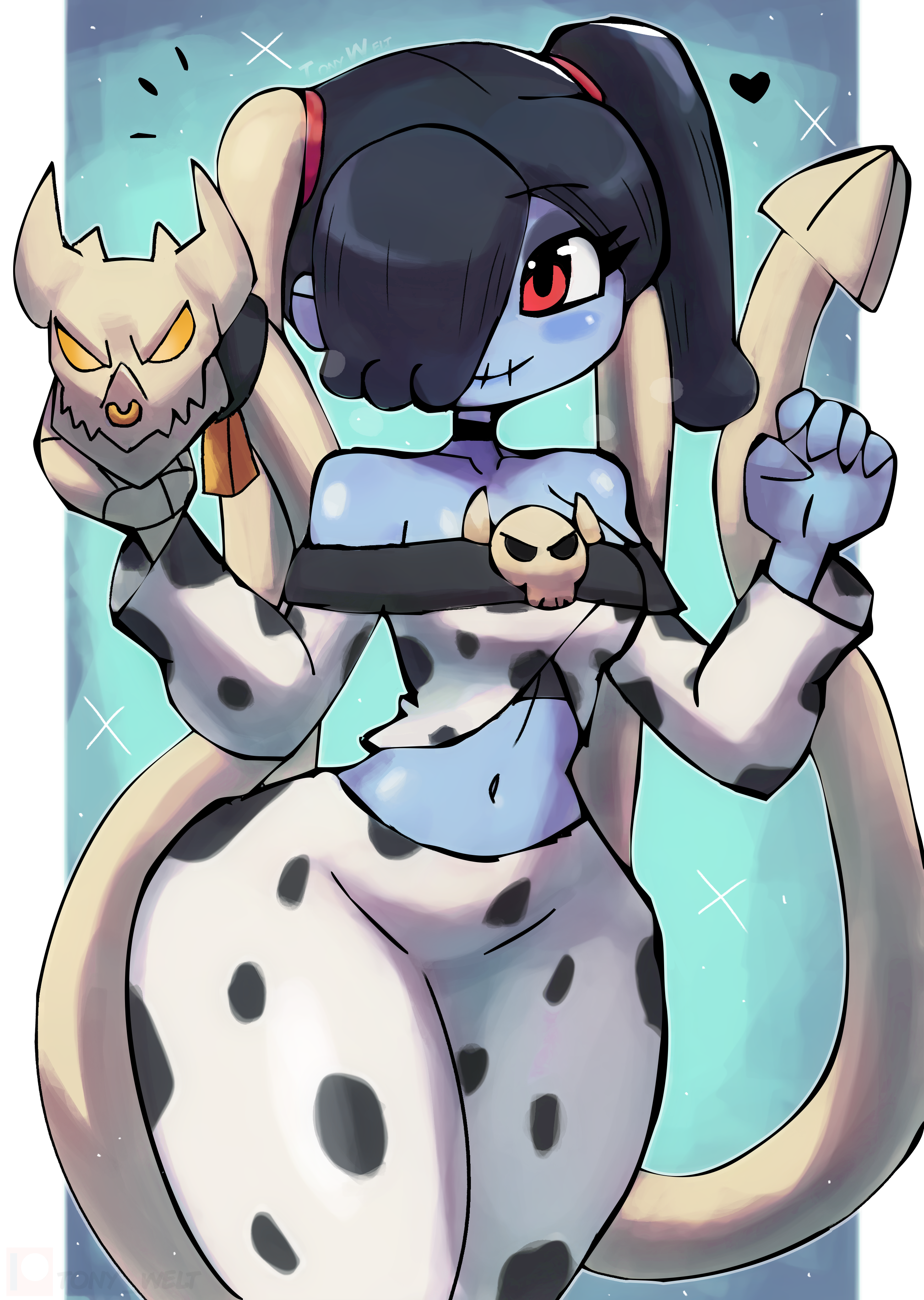 1girl absurdres animal_print black_hair blue_background blue_skin blush breasts choker collarbone colored_skin cow_print hair_over_one_eye heart highres leviathan_(skullgirls) long_hair long_sleeves looking_at_viewer medium_breasts midriff monster navel off-shoulder_shirt off_shoulder pants ponytail print_pants print_shirt red_eyes shirt side_ponytail skeletal_arm skeletal_hand skull skull_brooch skullgirls smile sparkle squigly_(skullgirls) standing stitched_mouth stitches thick_thighs thighs tony_welt white_pants white_shirt wide_hips zombie