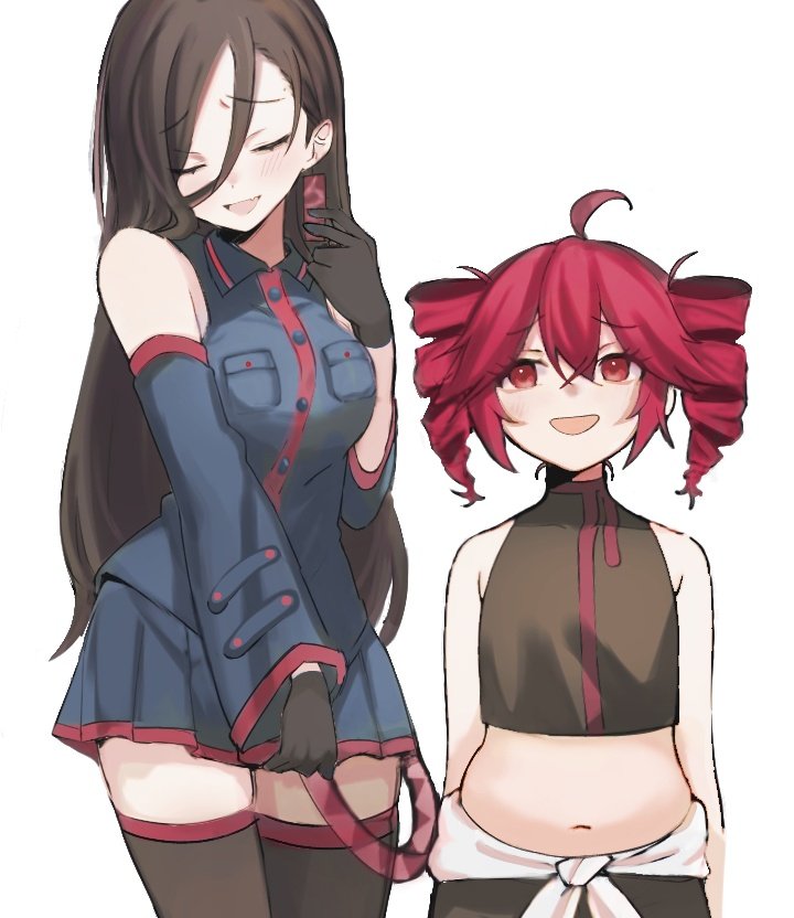 2girls ahoge bare_shoulders belt black_gloves black_hair black_shirt black_skirt breasts butcher_vanity_(synthesizer_v) buttons closed_eyes clothes_around_waist collared_shirt cosplay costume_switch crop_top detached_sleeves drill_hair earrings gloves hair_between_eyes height_difference jacket jacket_around_waist jewelry kasane_teto large_breasts looking_at_another multiple_girls navel open_mouth pleated_skirt plump pocket red_belt red_eyes red_hair red_trim shirt simple_background skirt smile synthesizer_v tsui55 twin_drills unfinished utau vimalion_pro white_background white_jacket yi_xi_(synthesizer_v)