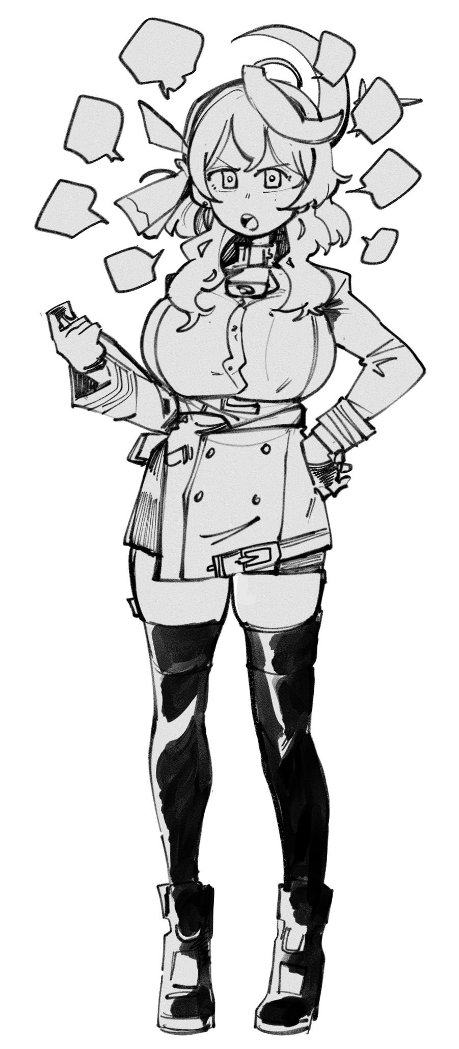 1girl ako_(blue_archive) bell belt black_thighhighs blue_archive breasts buttons cowbell double-breasted greyscale hands_on_own_hips highres kinzaibatsu91 large_breasts medium_hair military_uniform monochrome neck_bell simple_background talking thighhighs white_background