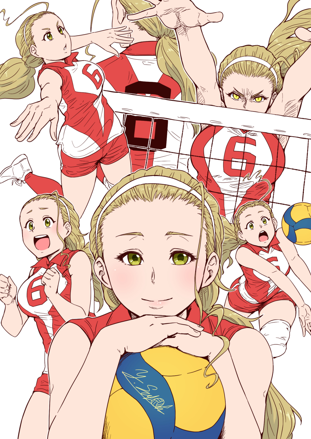 1girl :d arms_up artist_name ball blocking blonde_hair clenched_hands closed_mouth commentary girls_und_panzer glaring hair_pulled_back hair_tie hairband highres holding holding_ball knee_pads long_hair looking_at_viewer open_mouth ponytail red_shirt red_shorts red_socks sasaki_akebi satou_yasu shirt shoes short_shorts shorts signature simple_background single_vertical_stripe sleeveless sleeveless_shirt smile sneakers socks spiking sportswear volleyball volleyball_(object) volleyball_net volleyball_uniform white_background white_footwear white_hairband yellow_eyes