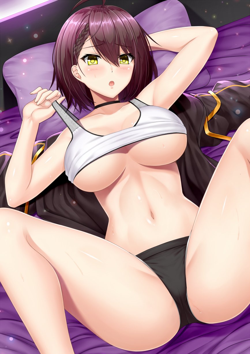 1girl ahoge arm_behind_head azur_lane baltimore_(azur_lane) baltimore_(black_ace)_(azur_lane) black_panties blush braid breasts brown_hair choker collarbone french_braid highres jacket large_breasts looking_at_viewer lying navel on_back on_bed open_clothes open_jacket panties shibata_rai short_hair solo sports_bra strap_pull underboob underwear yellow_eyes