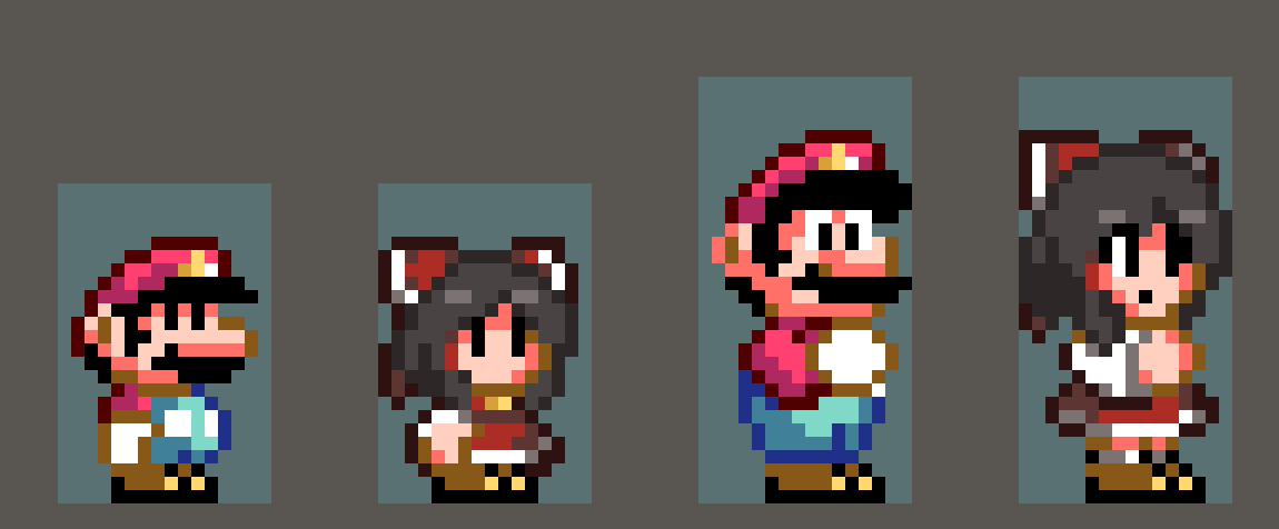 1boy 1girl aqua_overalls black_eyes black_hair brown_hair commentary_request dress facial_hair full_body gloves grey_background hakurei_reimu hat kagetsuna_ty long_sleeves mario mario_(series) medium_hair mustache nintendo overalls parody pixel_art red_dress red_hat red_shirt shirt short_hair simple_background standing style_parody super_mario_world touhou white_gloves