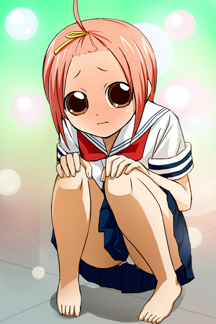 00s 1girl barefoot blush feet female_focus forehead haruyama_kazunori high_ponytail kuzuryuu_momoko panties pantyshot ponytail school_uniform serafuku solo squatting sumomomo_momomo toes underwear