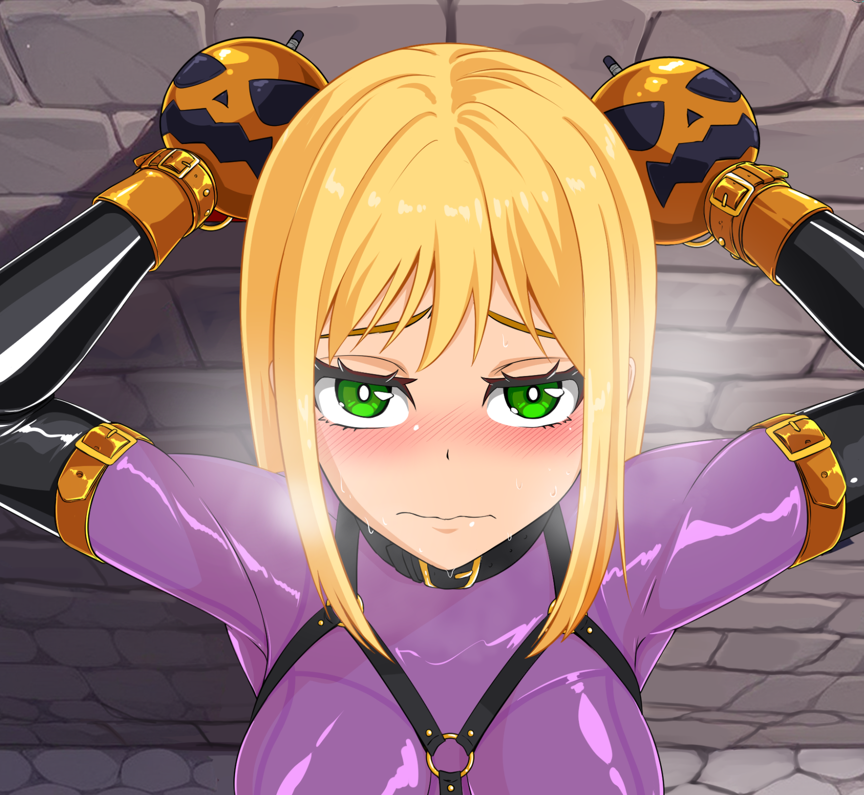 1girl blonde_hair blush bodysuit bondage_mittens elbow_gloves gloves green_eyes halloween harness highres jack-o&#039;-lantern_print latex latex_bodysuit looking_at_viewer original purple_bodysuit skin_tight solo sweat tamakko variant_set wavy_mouth