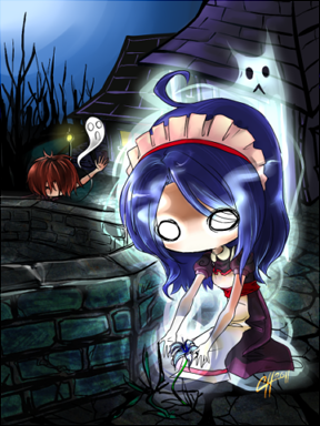 1boy 1girl ahoge apron bare_tree blue_hair blue_sky brown_dress chibi chibi_only commentary dress english_commentary full_body giving_up_the_ghost guillotine_cross_(ragnarok_online) house kafra_uniform long_hair lowres maid maid_headdress pavianne_(ragnarok_online) possessed puffy_short_sleeves puffy_sleeves quazera ragnarok_online short_sleeves sky solo_focus tree well white_apron