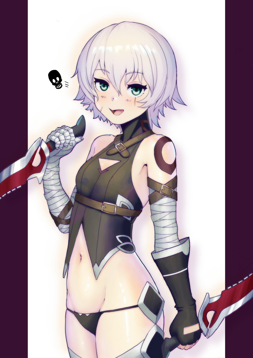 1girl arm_belt bandaged_arm bandages bare_shoulders black_gloves black_panties black_thighhighs black_vest blush breasts dagger elbow_gloves facial_scar fate/apocrypha fate/grand_order fate_(series) female_focus gloves green_eyes grey_hair hair_between_eyes highres hitomaruniigo holding holding_dagger holding_knife holding_weapon jack_the_ripper_(fate/apocrypha) knife looking_at_viewer lowleg lowleg_panties navel panties scar scar_across_eye scar_on_cheek scar_on_face short_hair shoulder_tattoo single_glove solo tattoo thighhighs underwear vest weapon white_hair