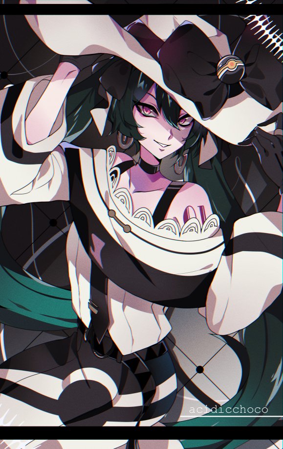 1girl acidicchoarts artist_name black_border black_hair body_writing border commentary dark_miku_(project_voltage) dress hands_on_headwear hat hatsune_miku looking_at_viewer nintendo poke_ball poke_ball_hair_ornament pokemon project_voltage red_eyes smile solo vocaloid white_dress white_hat