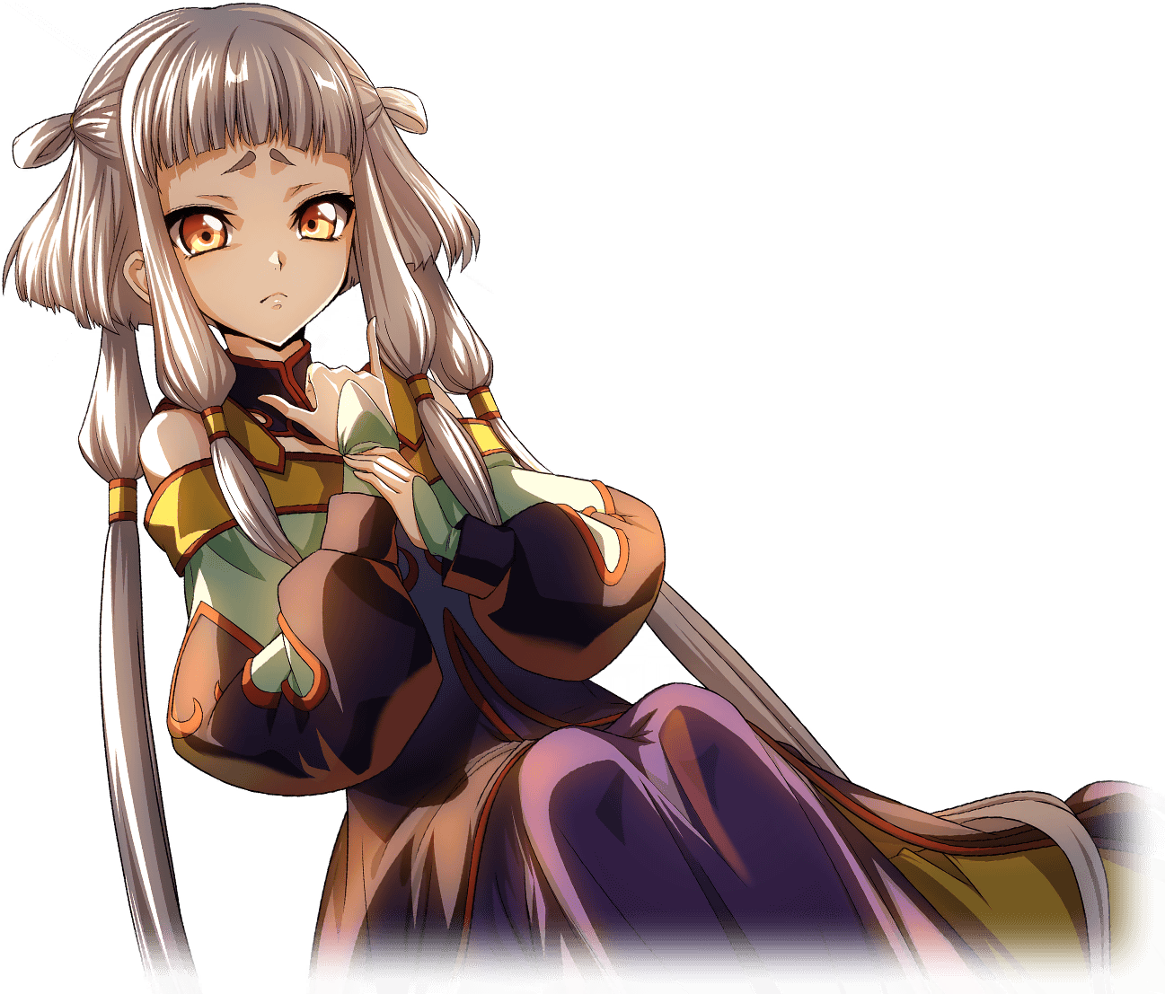1girl artist_request bare_shoulders blunt_bangs child chinese_clothes closed_mouth code_geass code_geass:_lost_stories dress dutch_angle female_focus flat_chest game_cg hair_tubes hands_up holding_own_wrist legs_together long_hair long_sleeves looking_at_viewer m/ multicolored_dress nervous non-web_source official_art orange_eyes raised_eyebrows sidelocks simple_background sitting solo tianzi transparent_background two_side_up very_long_hair white_hair