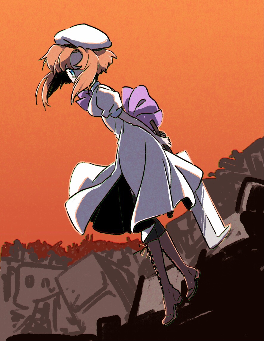 1girl black_pantyhose blue_eyes boots breasts cleaver dress hashitsuki_nata hat hatchet higurashi_no_naku_koro_ni holding holding_weapon knee_boots lace-up_boots medium_breasts mokeo nata_(tool) orange_hair outdoors pantyhose purple_neckwear ryuuguu_rena shaded_face short_hair weapon white_dress white_headwear
