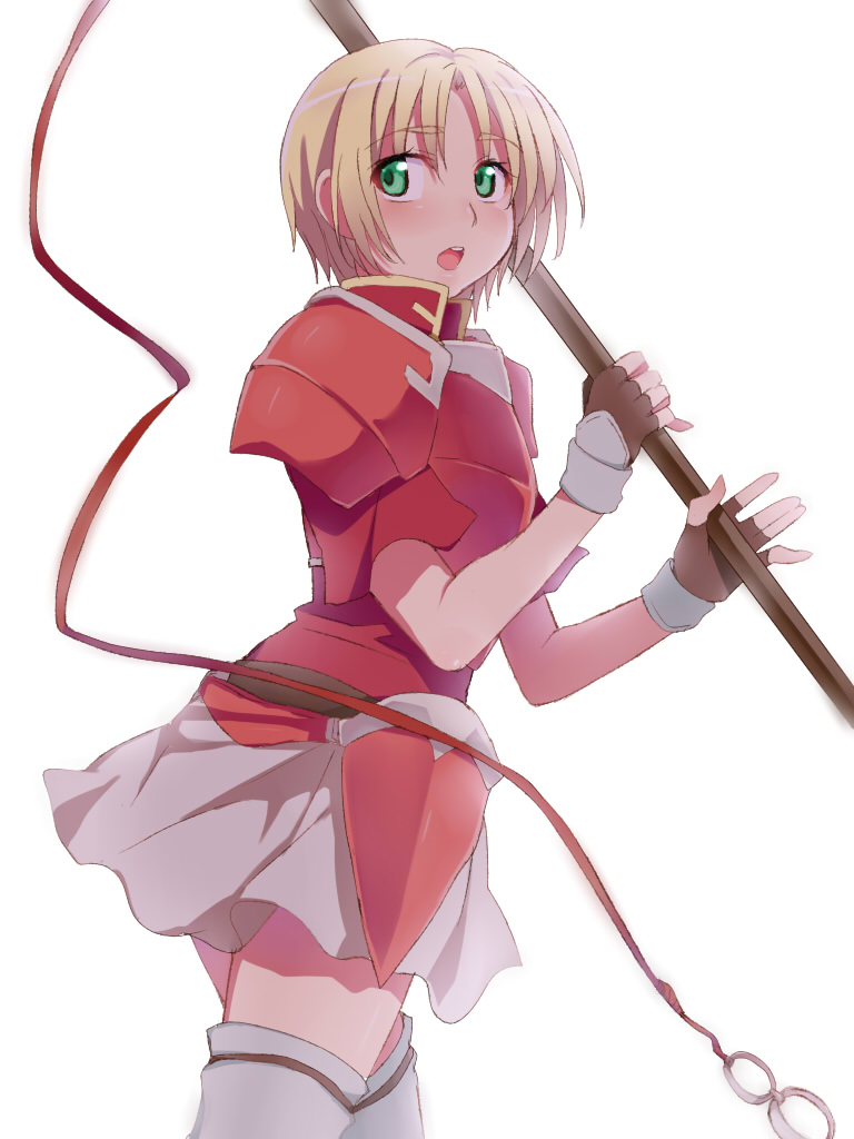1girl amelia_(fire_emblem) armor blonde_hair breastplate commentary_request fire_emblem fire_emblem:_the_sacred_stones green_eyes hip_armor holding holding_polearm holding_weapon nintendo open_mouth polearm red_armor shoulder_armor skirt solo weapon white_skirt yuki_(sumaburalove)