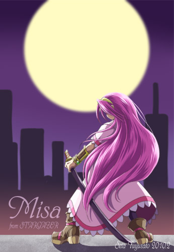 1girl artist_name black_pantyhose boots bracer brown_boots character_name commentary_request copyright_name dated dress from_behind full_body full_moon fuyuzato_seia hairband holding holding_sword holding_weapon hoshi_wo_miru_hito katana lace lace-trimmed_dress lace-trimmed_sleeves lace_trim long_dress long_hair lowres misa_(hoshi_wo_miru_hito) moon night outdoors pantyhose pink_dress pink_hair shadow short_sleeves skyline solo standing stargazer_(series) sword very_long_hair weapon yellow_hairband