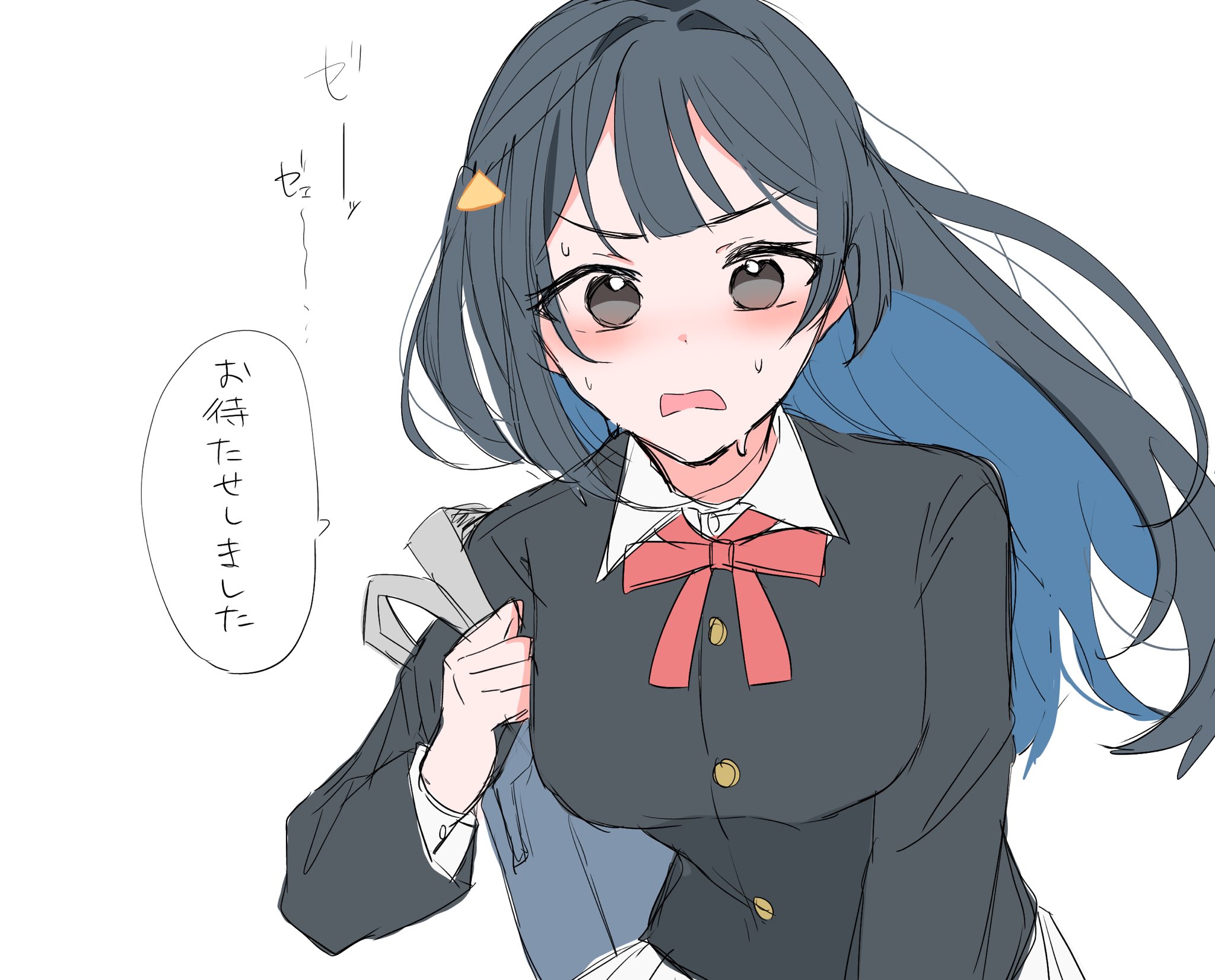 1girl bag black_hair black_jacket blush breasts collared_shirt commentary_request grey_eyes highres holding holding_bag jacket long_hair long_sleeves looking_at_viewer love_live! love_live!_nijigasaki_high_school_idol_club medium_breasts neck_ribbon nijigasaki_school_uniform open_mouth osora_dao pink_ribbon ribbon school_bag school_uniform shirt simple_background skirt solo speech_bubble sweat translation_request upper_body v-shaped_eyebrows white_shirt white_skirt winter_uniform yuki_setsuna