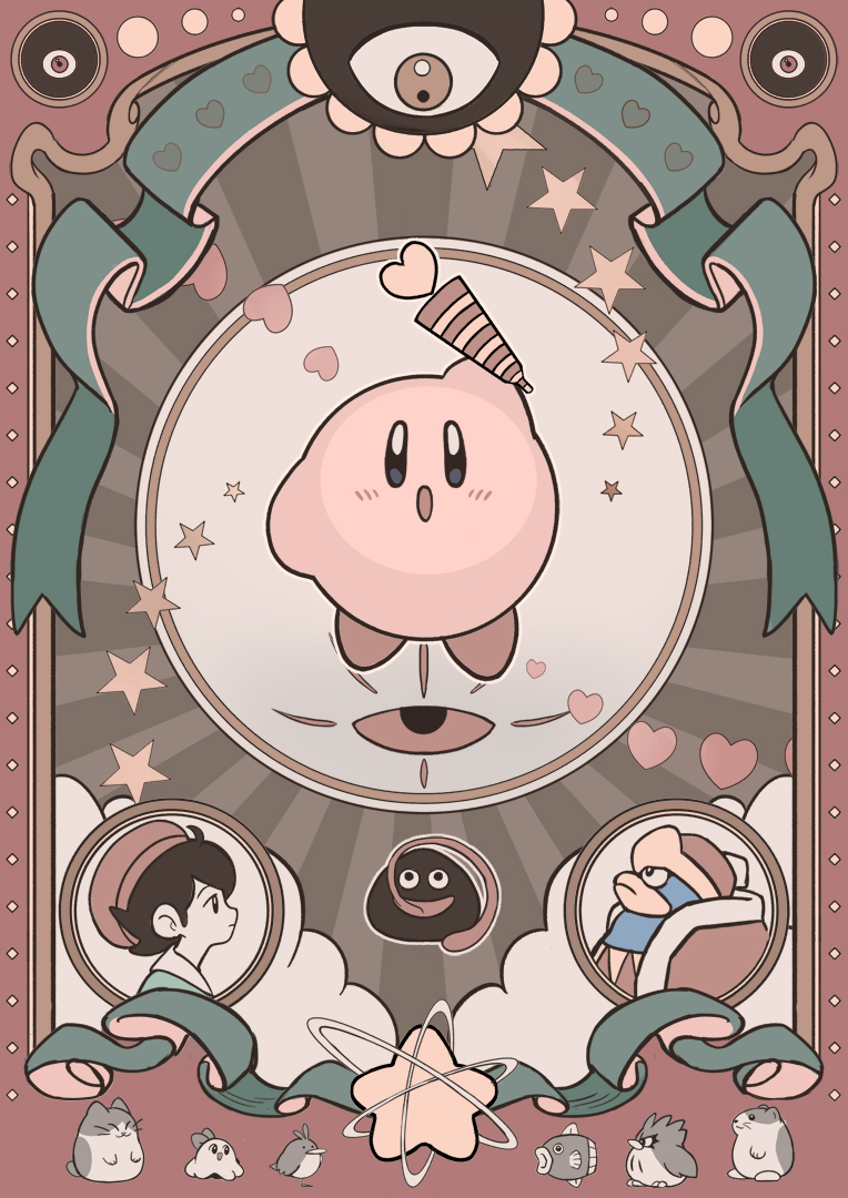 1girl 2boys adeleine alpaca_carlesi bird black_hair blush character_request check_character chuchu_(kirby) coo_(kirby) fish gooey_(kirby) heart kine_(kirby) king_dedede kirby&#039;s_dream_land_3 kirby_(series) kirby_64 long_tongue looking_at_another multiple_boys nago_(kirby) nintendo one-eyed open_mouth owl pitch_(kirby) rick_(kirby) short_hair tongue tongue_out zero_two_(kirby)
