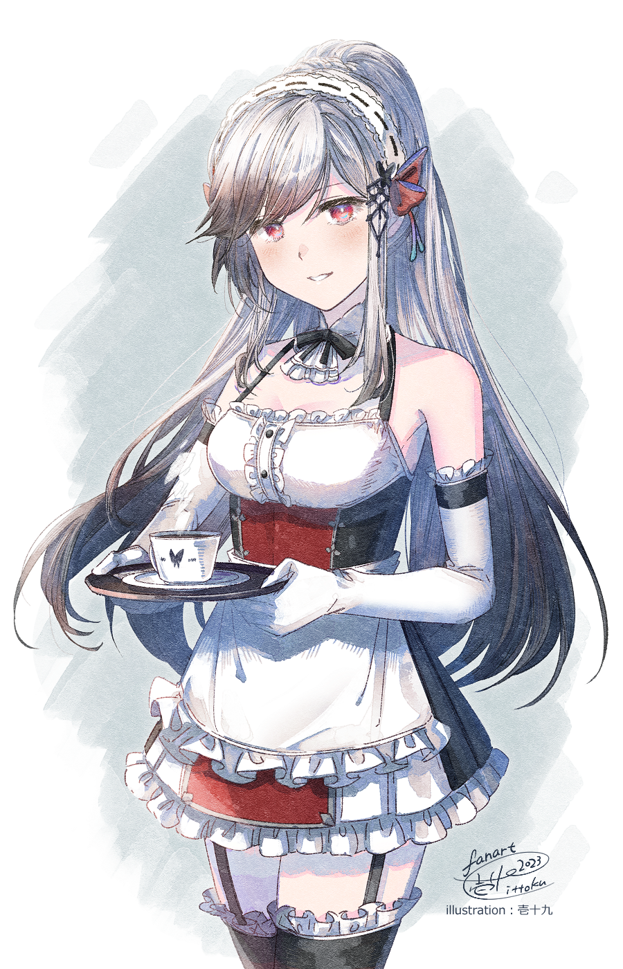 1girl alternate_costume apron azur_lane bare_shoulders black_dress black_garter_straps black_thighhighs breasts center_frills commentary_request commission cowboy_shot cup detached_collar dress dunkerque_(azur_lane) elbow_gloves enmaided framed_breasts frilled_apron frilled_dress frilled_gloves frills garter_straps gloves grey_hair highres holding holding_tray ittokyu long_hair looking_at_viewer maid medium_breasts multicolored_dress purple_eyes red_dress signature simple_background skeb_commission sleeveless sleeveless_dress solo teacup thighhighs traditional_media tray waist_apron white_apron white_gloves