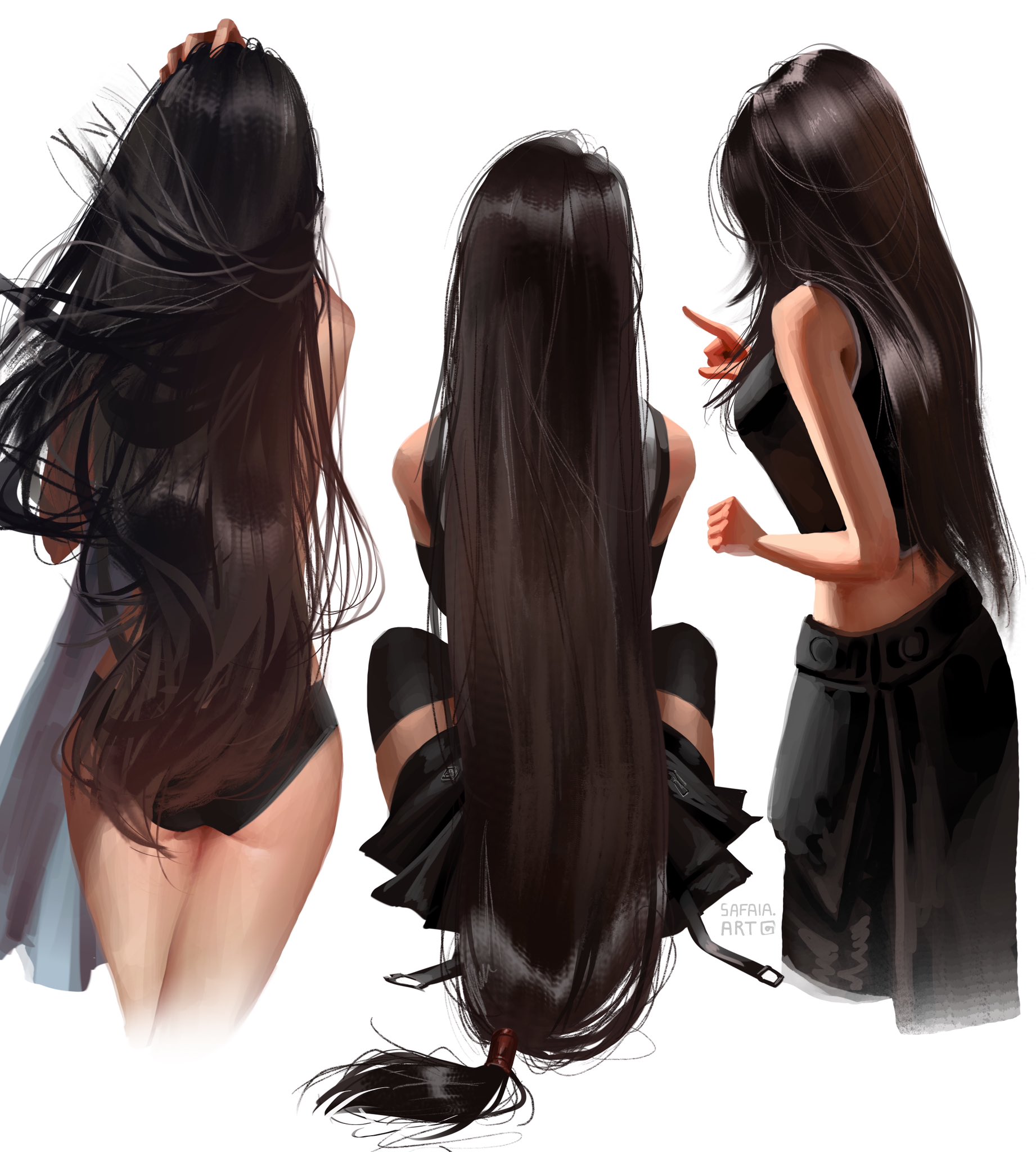 1girl apron artist_name ass bare_shoulders bikini black_apron black_panties black_shirt black_skirt black_thighhighs black_vest breasts brown_hair commentary crop_top cropped_legs english_commentary final_fantasy final_fantasy_vii final_fantasy_vii_advent_children final_fantasy_vii_remake from_behind hand_on_own_head highres index_finger_raised large_breasts long_hair low-tied_long_hair midriff multiple_views panties safaia shirt simple_background sitting skirt sleeveless swimsuit tank_top thighhighs tifa_lockhart underwear very_long_hair vest waist_apron white_background white_tank_top
