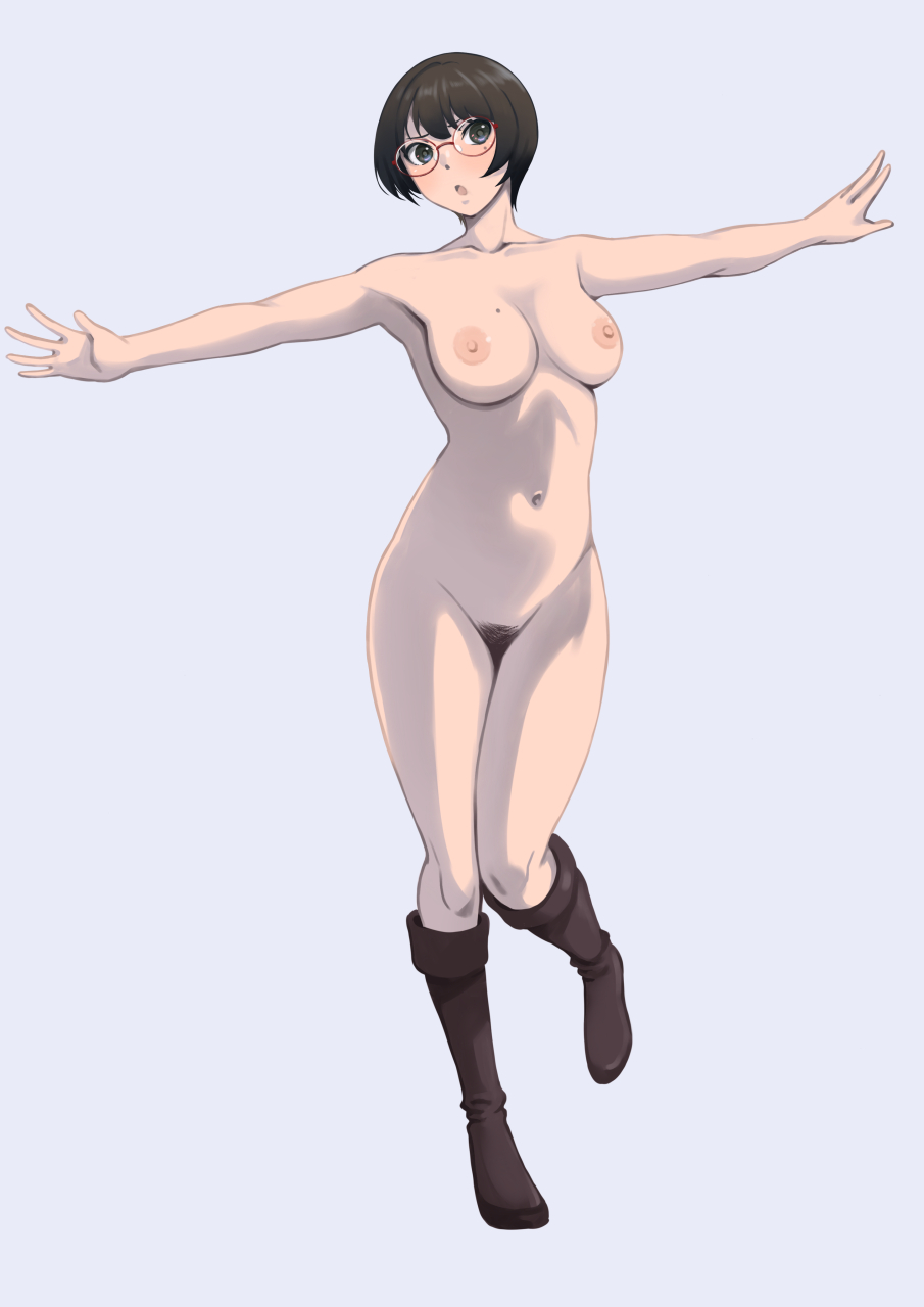 1girl balancing bob_cut boots breasts brown_boots female_pubic_hair full_body glasses highres ixola knee_boots large_breasts light_blush medium_breasts mole nipples nude original outstretched_arms pubic_hair red-framed_eyewear short_hair simple_background solo standing standing_on_one_leg