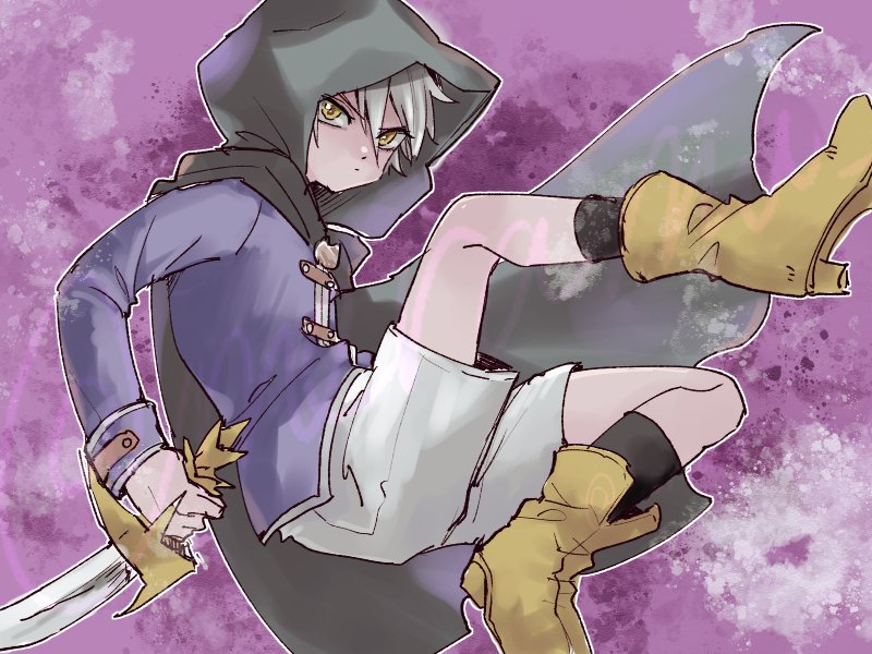 1boy black_socks boots closed_mouth commentary_request dagger dragon_quest dragon_quest_x floating_clothes grey_cloak holding holding_dagger holding_knife holding_weapon hood hood_up knife legs_up looking_to_the_side male_focus merami purple_background purple_shirt raki_(dq10) shirt shorts socks solo weapon white_hair white_shorts yellow_boots yellow_eyes