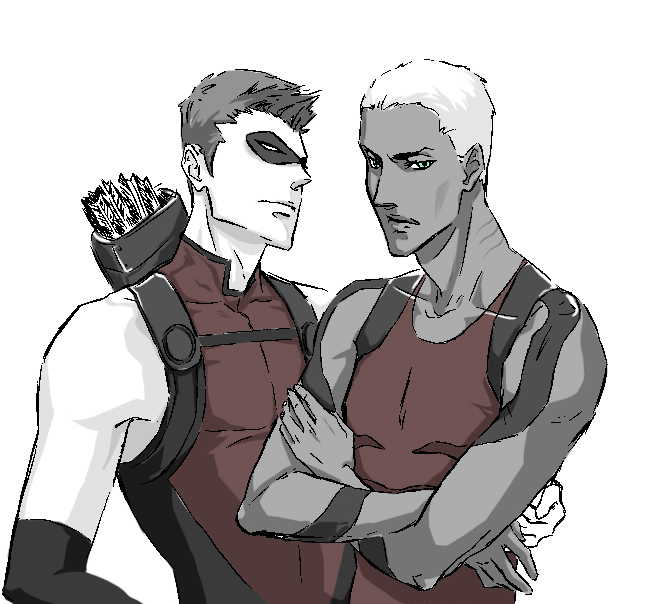 2boys aqua_lad arrow_(projectile) crossed_arms dark_skin dc_comics domino_mask gills kaldur&#039;ahm mask multiple_boys quiver red_arrow roy_harper sleeveless spot_color tattoo young_justice:_invasion