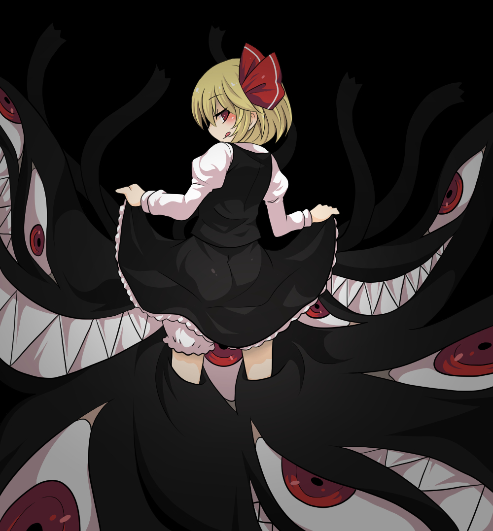 1girl bakemonogatari blonde_hair bloomers clothes_lift darkness derivative_work female_focus fullmetal_alchemist hair_ribbon juliet_sleeves licking_lips long_sleeves looking_at_viewer looking_back monogatari_(series) pride_(fma) puffy_sleeves red_eyes ribbon rumia senjougahara_pose shirt skirt skirt_lift skirt_set solo tongue tongue_out toto_(hitori_othello) touhou trait_connection underwear vest