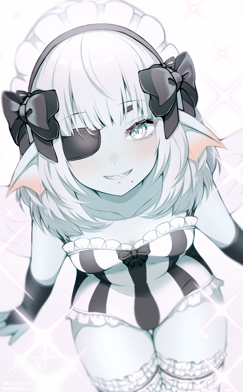 1girl aqua_eyes black_bow black_bridal_gauntlets blue_skin blunt_bangs blurry bow breasts bridal_gauntlets colored_skin commentary_request depth_of_field dragon_quest dragon_quest_x eyepatch fins frilled_one-piece_swimsuit frilled_thighhighs frills from_above grin hair_bow head_fins highres looking_at_viewer looking_up maid_headdress medium_hair mole mole_under_mouth nikon_(user_aznh7528) one-piece_swimsuit one_eye_covered sharp_teeth sitting small_breasts smile solo sparkle striped_clothes striped_one-piece_swimsuit swimsuit teeth thighhighs vertical-striped_clothes vertical-striped_one-piece_swimsuit weddie_(dq10) white_background white_hair