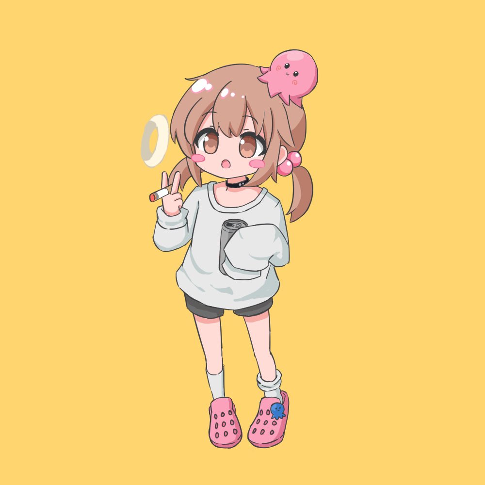 1girl animal animal_on_head black_choker black_shorts brown_eyes brown_hair can child choker cigarette crocs full_body gonzales_ito hair_bobbles hair_ornament holding holding_can holding_cigarette indie_virtual_youtuber long_sleeves low_twintails octopus on_head open_mouth punyaritan_(vtuber) shirt shorts single_loose_sock smoke_ring smoking socks solo standing twintails variant_set virtual_youtuber white_shirt white_socks yellow_background