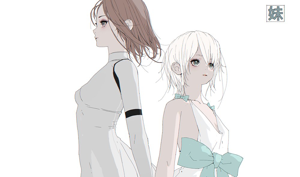 2girls bow breasts brown_hair closed_mouth d.k drag-on_dragoon drag-on_dragoon_1 dress furiae long_hair multiple_girls nier nier_(series) short_hair simple_background white_background white_dress white_hair yonah