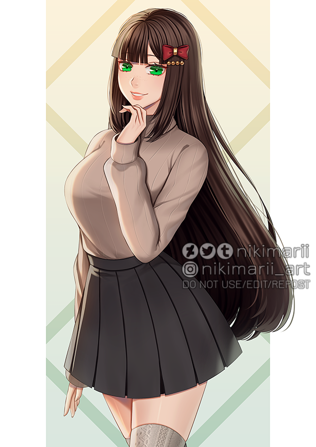 1girl black_skirt bow breasts brown_hair commentary commission deviantart_logo english_commentary green_eyes grey_thighhighs hair_bow hand_on_own_chin instagram_logo large_breasts long_hair looking_at_viewer nikimarii original parted_lips pink_lips pleated_skirt red_bow skirt smile solo thighhighs tumblr_logo twitter_logo very_long_hair watermark