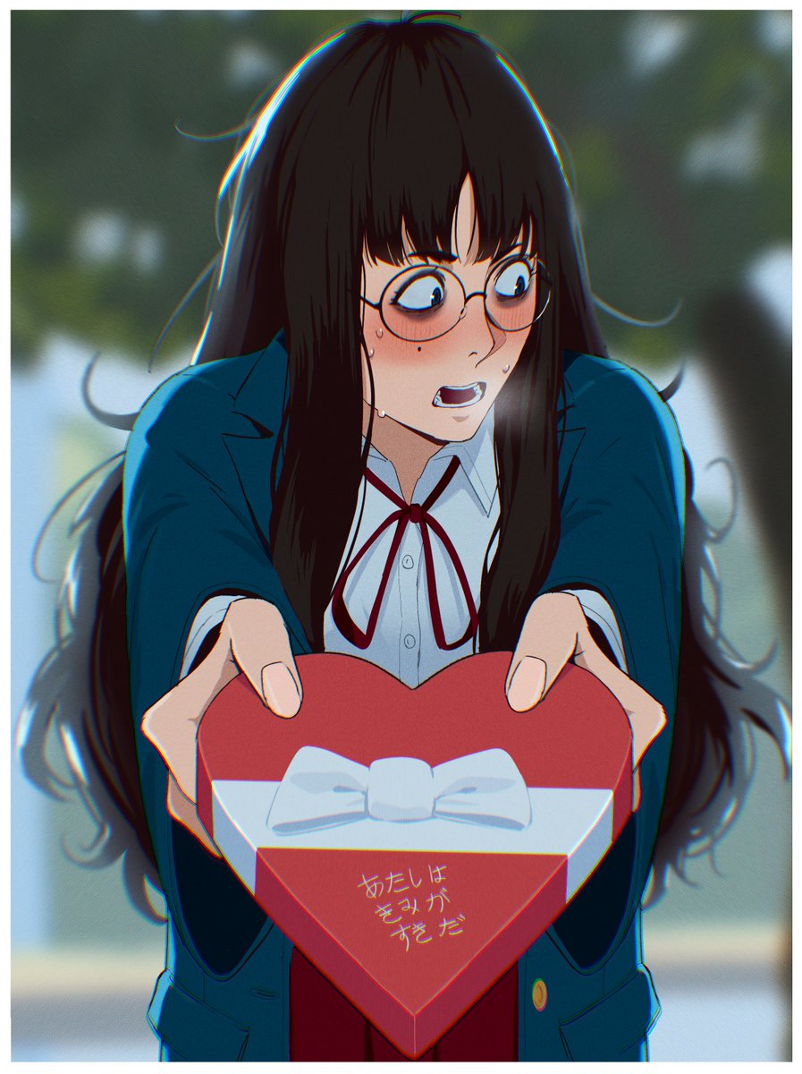 1girl bags_under_eyes black_coat black_hair blurry blurry_background box coat commentary english_commentary fingernails francisco_mon glasses heart-shaped_box heavy_breathing highres incoming_gift jimiko long_hair looking_to_the_side loose_neck_ribbon messy_hair mole mole_under_eye neck_ribbon open_mouth original outdoors round_eyewear shirt translation_request umi_(francisco_mon) valentine white_shirt
