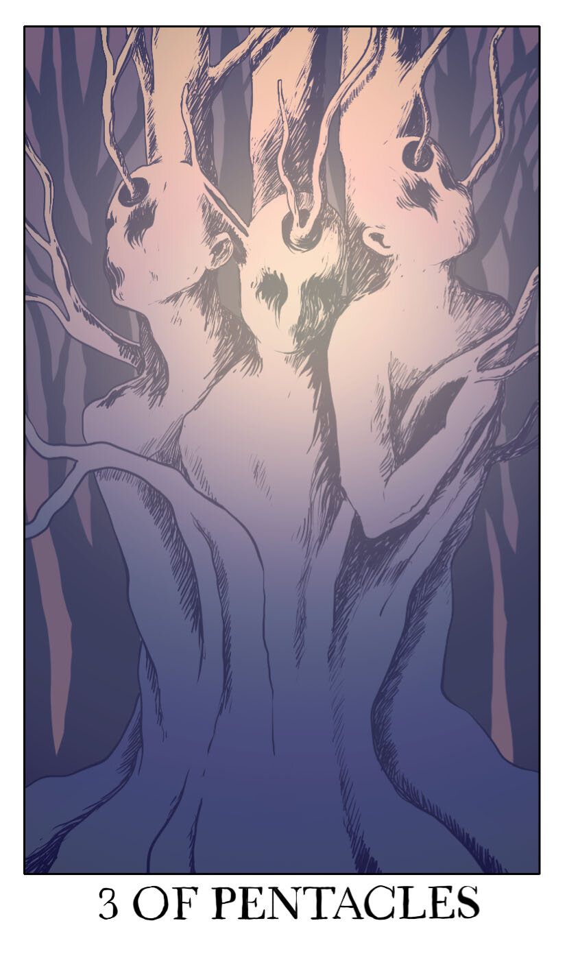 3others black_eyes body_horror border card_(medium) english_text forest highres hole_in_head horror_(theme) jessica_hayworth minor_arcana_(tarot) multiple_others nature no_mouth outdoors purple_theme surreal tarot tarot_(medium) tree trypophobia welcome_to_night_vale white_border