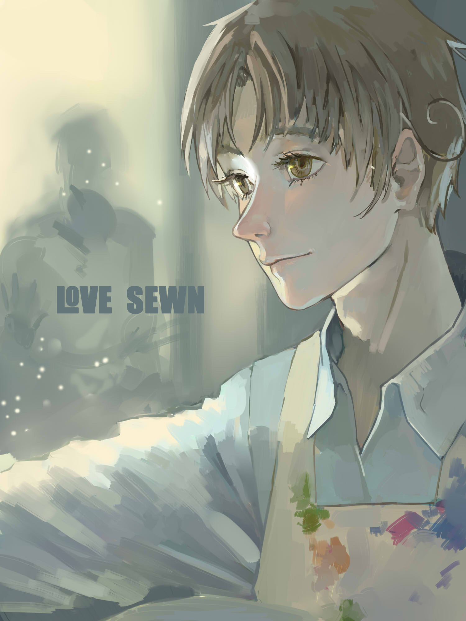 1boy apron artist_name axis_powers_hetalia blue_shirt brown_eyes brown_hair character_request collared_shirt highres male_focus paint_on_clothes paint_splatter shirt short_hair smile solo upper_body white_apron xiaoquandianer