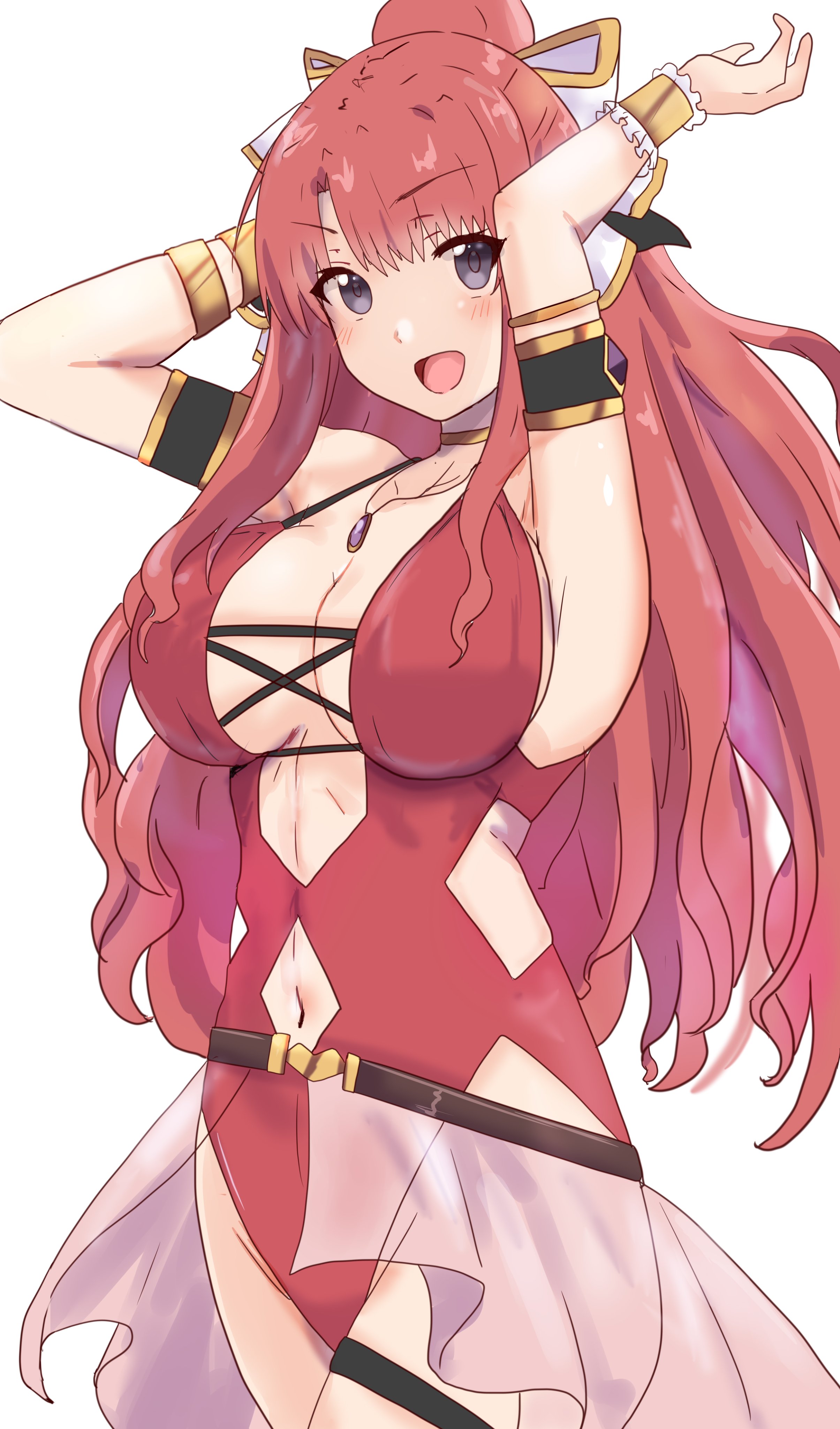 1girl absurdres akino_(princess_connect!) akino_(summer)_(princess_connect!) black_eyes blush breasts ekaki_kukuma highres jewelry large_breasts long_hair navel necklace open_mouth princess_connect! red_hair simple_background solo white_background