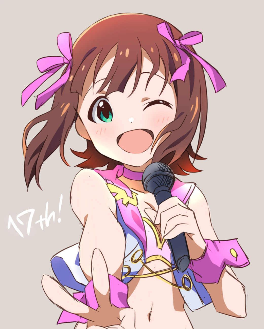 1girl :d amami_haruka anniversary bare_shoulders blush breasts brown_hair choker cleavage crop_top cropped_jacket dot_nose goma_konbu green_eyes hair_ribbon hand_up highres holding holding_microphone idolmaster idolmaster_(classic) idolmaster_million_live! idolmaster_million_live!_theater_days jacket light_brown_background looking_at_viewer luxury_(idolmaster) medium_breasts microphone midriff multicolored_jacket navel one_eye_closed open_clothes open_jacket open_mouth pink_choker pink_diamond_765_(idolmaster) pink_ribbon pink_shirt pink_wrist_cuffs reaching reaching_towards_viewer ribbon shirt short_hair simple_background sleeveless sleeveless_jacket smile solo strapless strapless_shirt two-tone_jacket upper_body v wrist_cuffs