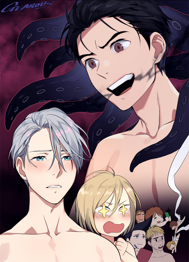 +_+ 6+boys artist_name black_hair blonde_hair blue_eyes brown_eyes brown_hair cellphone christophe_giacometti emil_nekola gearous georgi_popovich ji_guang-hong katsuki_yuuri leo_de_la_iglesia male_focus michele_crispino multiple_boys open_mouth phone topless_male silver_hair smartphone smile tentacles viktor_nikiforov writing yuri!!!_on_ice yuri_plisetsky