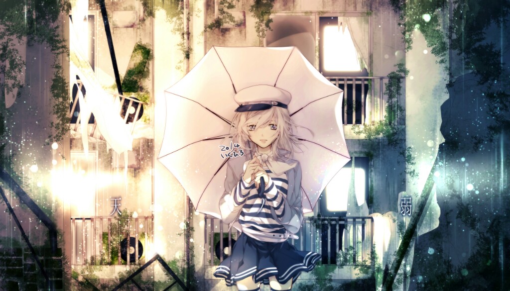 10s 1girl 2014 air_conditioner ama_no_jaku_(vocaloid) black_thighhighs building closed_mouth curtains door female_focus frown gumi hat ikuhiro_(19nnnkti16) long_sleeves looking_at_viewer pale_skin plant pleated_skirt purple_eyes ruins short_hair skirt smile solo song_name standing striped thighhighs torn umbrella vines vocaloid white_hair zettai_ryouiki