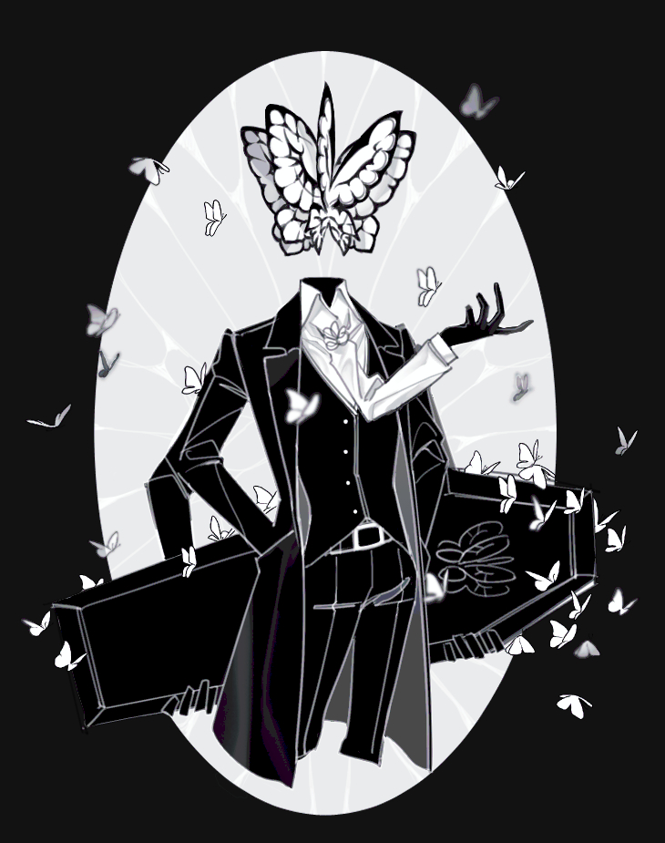 1boy animal_head belt black_belt black_coat black_gloves black_pants black_vest bug butterfly coat coffin cowboy_shot everest_00 extra_arms funeral_of_the_dead_butterflies gloves hand_up holding_coffin insect lapels lobotomy_corporation notched_lapels pants project_moon solo vest white_butterfly