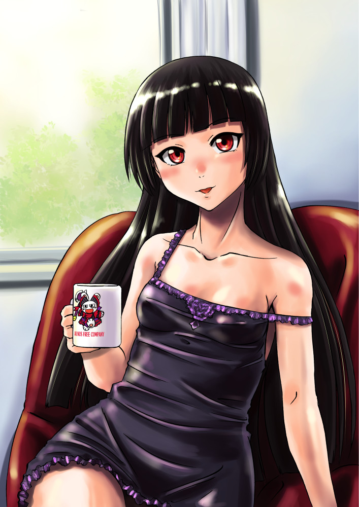 1girl :d bare_shoulders black_hair blunt_bangs blush breasts cup dress gate_-_jieitai_ka_no_chi_nite_kaku_tatakaeri hime_cut holding holding_cup lingerie long_hair looking_at_viewer off-shoulder_dress off_shoulder open_mouth red_eyes rory_mercury sao_satoru small_breasts smile solo underwear