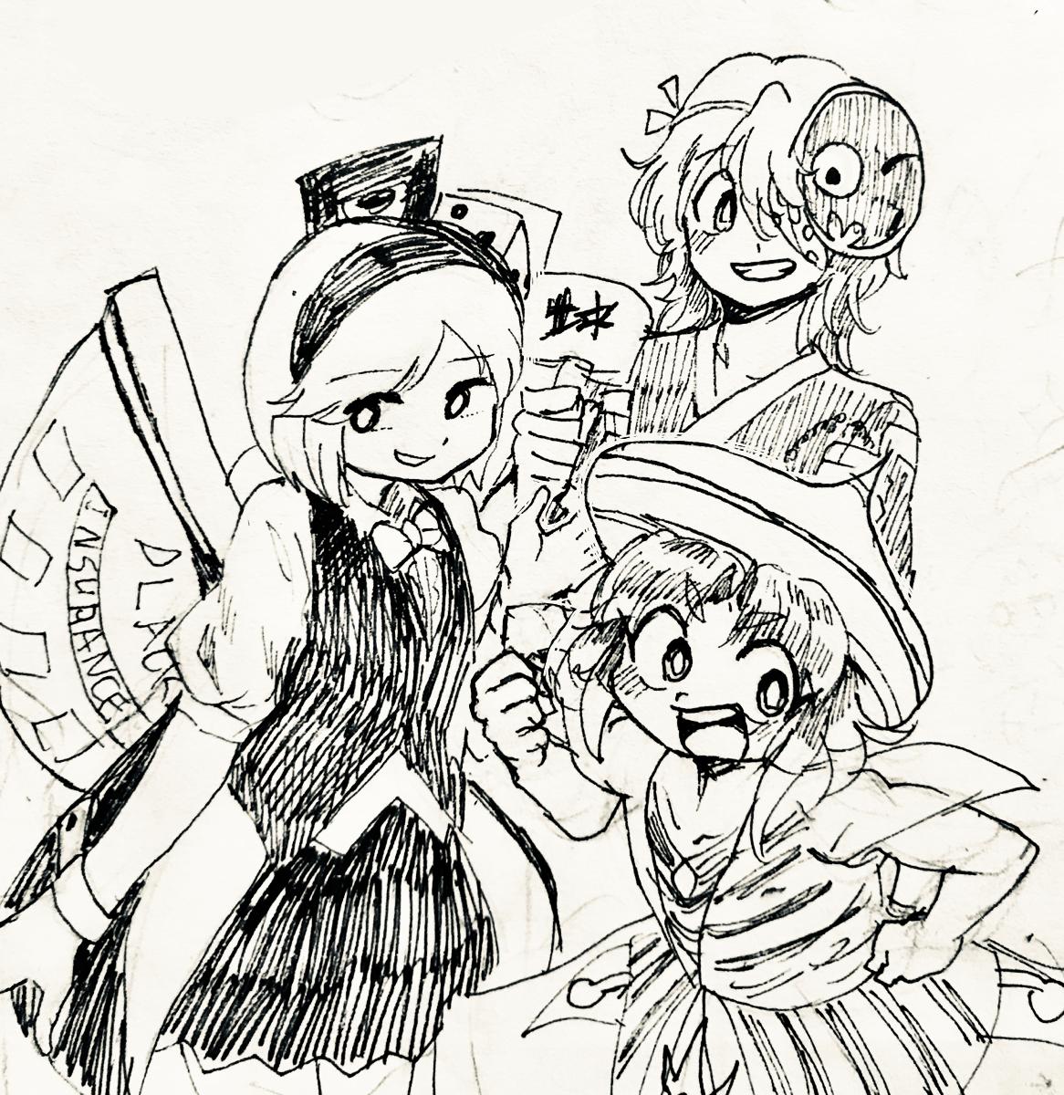 3others ametsukana_yago androgynous bad_id bad_twitter_id bandage_over_one_eye blackjack_table bow bowtie brilliant_pagoda_or_haze_castle card center_frills clenched_hands coattails collared_shirt colored_tips commentary_request cowboy_shot cropped_torso dice_hair_ornament dot_nose dress_shirt eye_of_senri frills greyscale grin hair_ornament hairband hammer hand_on_own_hip happy hat highres holding holding_hammer jacket japanese_clothes kimono len'en light_blush long_sleeves mask mask_on_head medium_hair miniskirt monochrome multicolored_hair multiple_others noh_mask other_focus photo_(medium) playing_card see-through_clothes see-through_jacket senri_haiji shirt short_sleeves skirt smile standing striped_clothes striped_headwear striped_shirt table tareme traditional_bowtie traditional_media vest wrist_cuffs xeno_a yukkyon_kyon