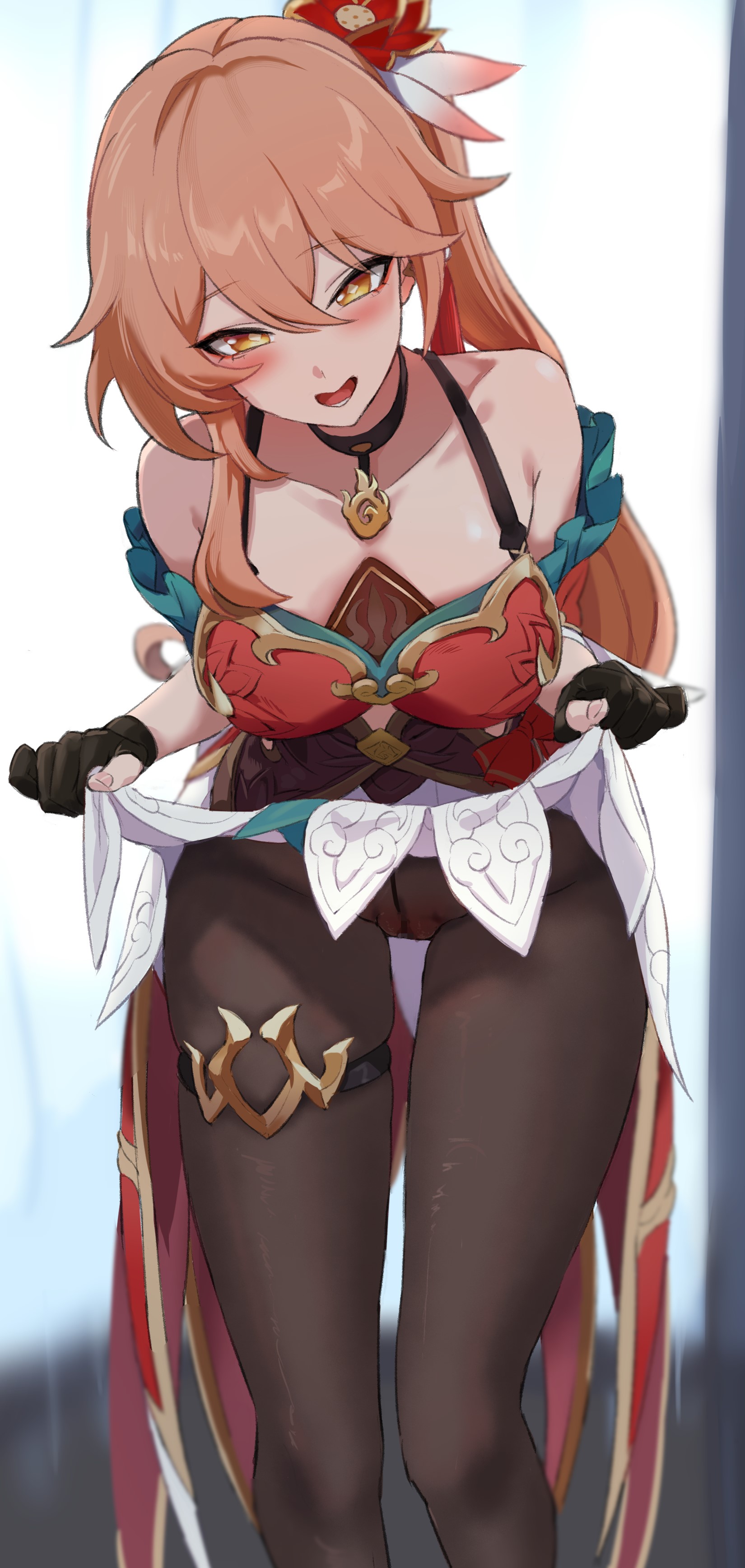 1girl absurdres bare_shoulders black_gloves black_pantyhose blurry blurry_background blush collarbone commentary_request dress gloves guinaifen_(honkai:_star_rail) hair_between_eyes highres honkai:_star_rail honkai_(series) looking_at_viewer open_mouth orange_hair pantyhose partially_fingerless_gloves red_dress ry_(mmm_st_bbb2) side_ponytail skirt_hold solo thigh_strap yellow_eyes