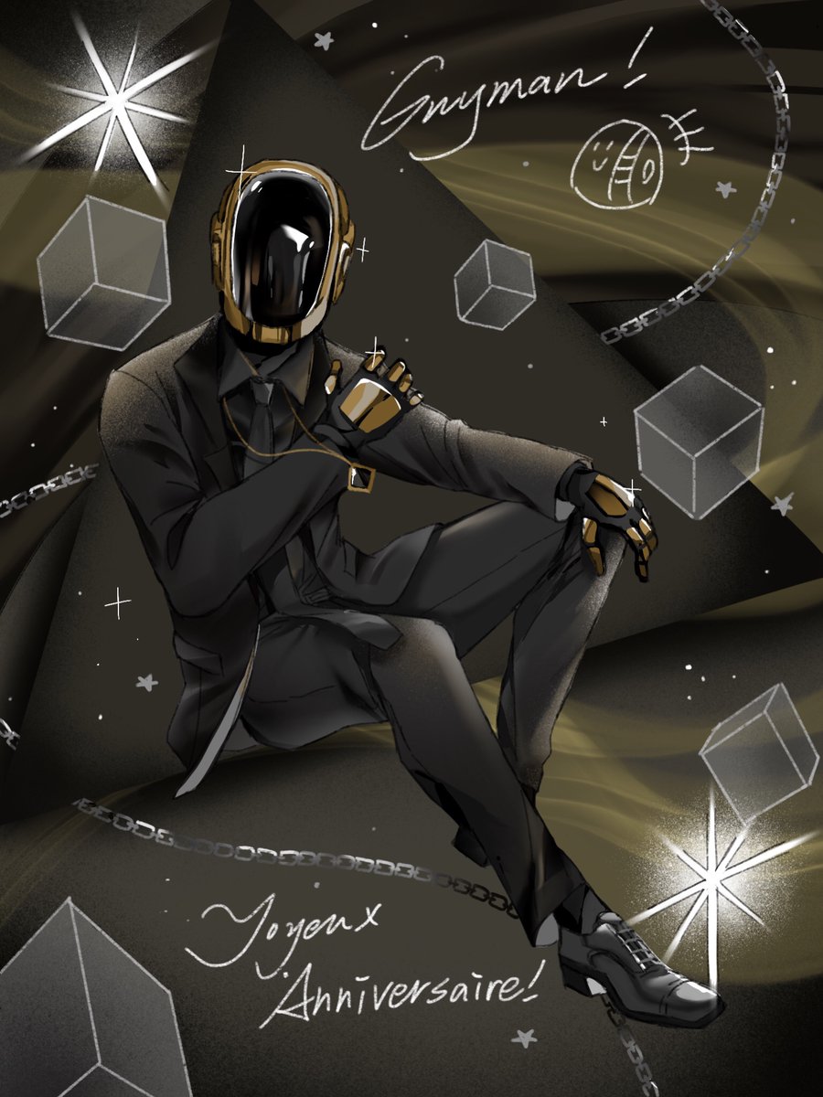 1boy 63crane_tw black_background black_footwear black_jacket black_necktie black_pants black_theme chain commentary_request cube daft_punk dress_shirt dress_shoes formal_clothes french_text glint guy-manuel_de_homem-christo helmet highres jacket jewelry legs_together male_focus necklace necktie pants real_life shiny_footwear shirt solo sparkle star_(symbol) suit suit_jacket translated wing_collar