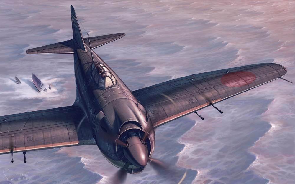 aircraft airplane imperial_japanese_navy kawanishi_shidenkai military_vehicle n1k2j_george no_humans ocean original pilot propeller_fighter same_(112744) same_(carcharodon) ship vehicle_focus war watercraft world_war_ii
