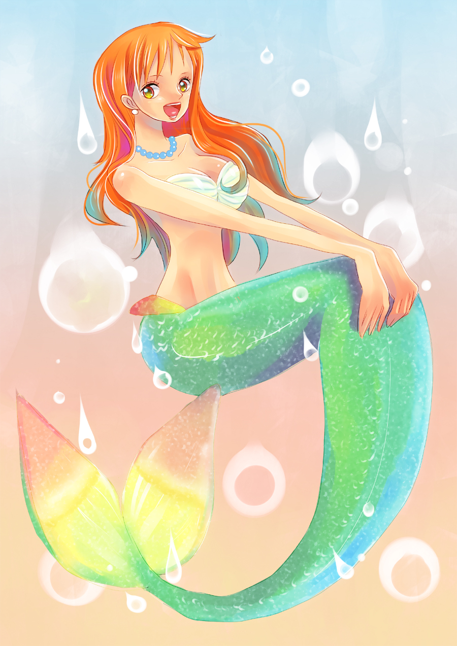 bikini bikini_top_only breasts cleavage earrings highres himerinco jewelry large_breasts long_hair mermaid monster_girl nami_(one_piece) narrow_waist necklace one_piece open_mouth orange_eyes orange_hair pearl_necklace solo swimsuit tattoo