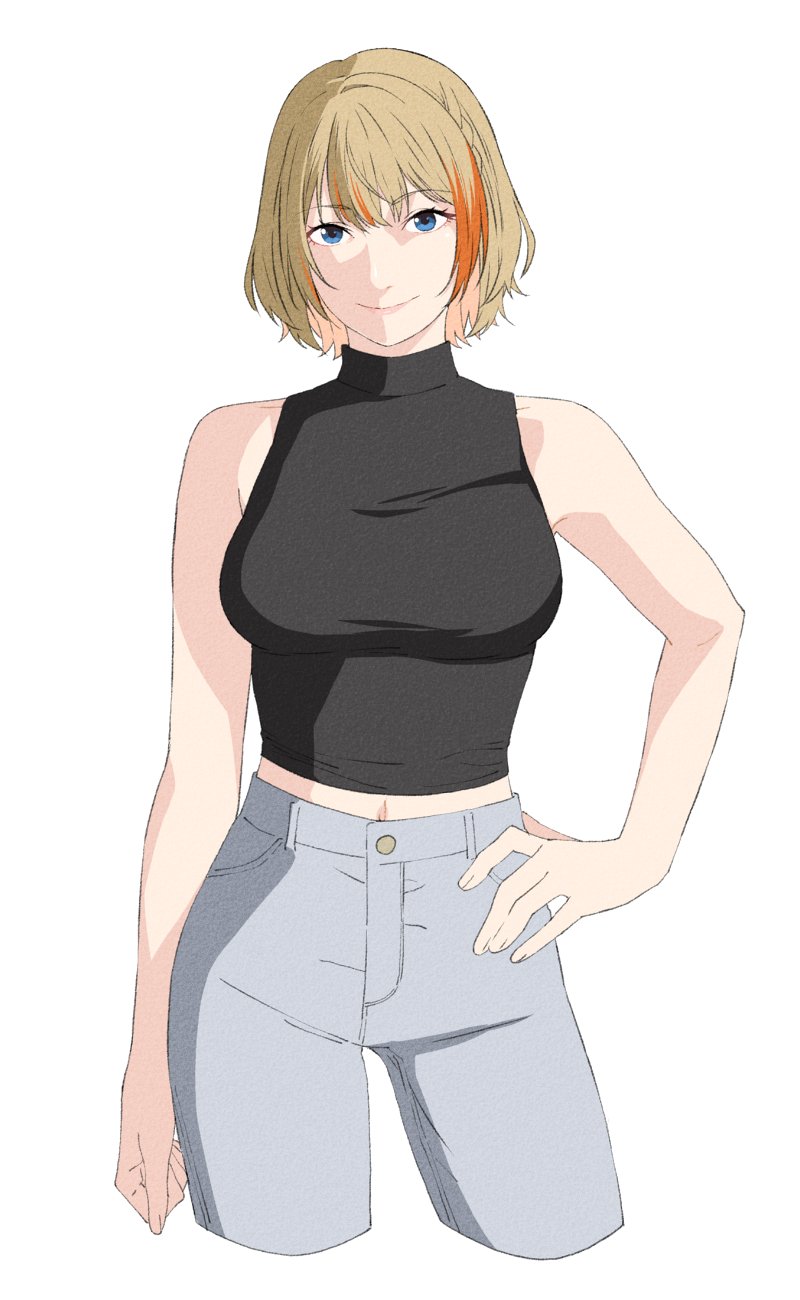 1girl akitetsu black_shirt blue_eyes breasts closed_mouth contrapposto cowboy_shot cropped_legs grey_background grey_pants hand_on_own_hip highres light_brown_hair looking_at_viewer medium_breasts multicolored_hair nanashi_inc. navel orange_hair pants shirt short_hair simple_background sleeveless sleeveless_shirt smile solo touri_sei touri_sei_(2nd_costume) turtleneck turtleneck_shirt two-tone_hair virtual_youtuber