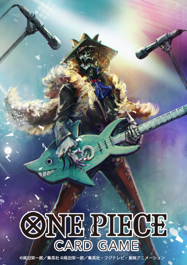 1boy afro ascot black_hair blue_ascot brook_(one_piece) commentary_request concert crown crown_hat english_text eyewear_on_head gold_crown guitar hat hayaken_sarena holding holding_guitar holding_instrument instrument male_focus microphone microphone_stand music official_art one_piece one_piece_card_game open_mouth playing_guitar playing_instrument skeleton solo sunglasses translation_request