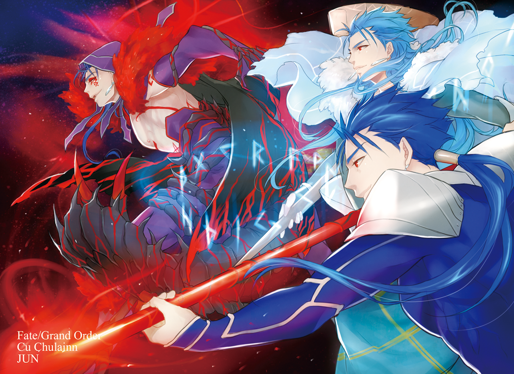 3boys armor blue_hair character_name copyright_name cu_chulainn_(caster)_(fate) cu_chulainn_(fate) cu_chulainn_(fate/stay_night) cu_chulainn_alter_(fate) cu_chulainn_alter_(fate/grand_order) cu_chulainn_alter_(third_ascension)_(fate) earrings fate/grand_order fate_(series) gae_bolg_(fate) gloves jewelry jun_(ash) long_hair male_focus multiple_boys multiple_persona polearm ponytail red_eyes runes smile spear spikes staff tattoo weapon