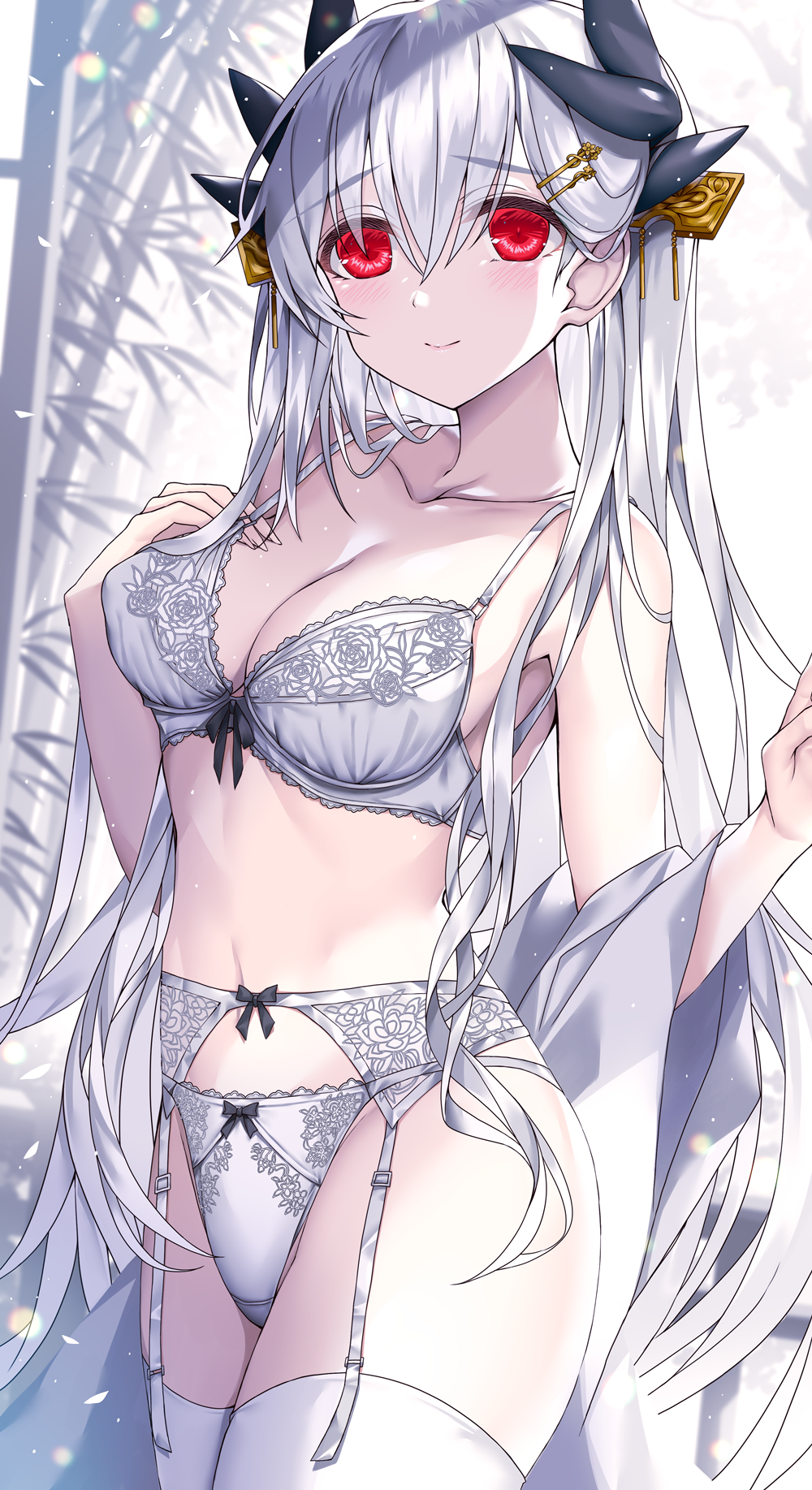 1girl bamboo bare_shoulders blush bow bow_bra bow_panties bra breasts cleavage closed_mouth cowboy_shot crotch_seam dragon_girl dragon_horns fate/grand_order fate_(series) hair_ornament highres horns kiyohime_(fate) kiyohime_(third_ascension)_(fate) large_breasts long_hair looking_at_viewer morizono_shiki navel off_shoulder panties red_eyes smile solo thighhighs underwear white_bra white_hair white_panties white_thighhighs