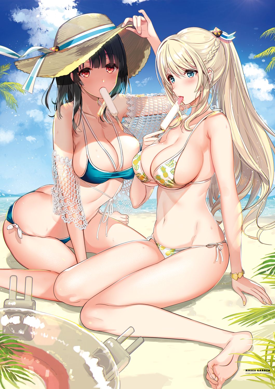 2girls adjusting_clothes adjusting_headwear alternate_hairstyle arm_support ass atago_(kancolle) bare_shoulders barefoot beach bikini black_hair blonde_hair blush bracelet braid breasts butt_crack cloud collarbone day eating fern fingernails food french_braid hair_ornament hair_ribbon hat hayakawa_akari highres holding holding_food innertube jewelry kantai_collection large_breasts licking long_hair looking_at_viewer medium_hair mouth_hold multiple_girls navel outdoors palm_tree ponytail popsicle ribbon side-tie_bikini_bottom sidelocks sitting skindentation sky stomach sun_hat sweat swim_ring swimsuit takao_(kancolle) thighs tongue tongue_out tree wariza water