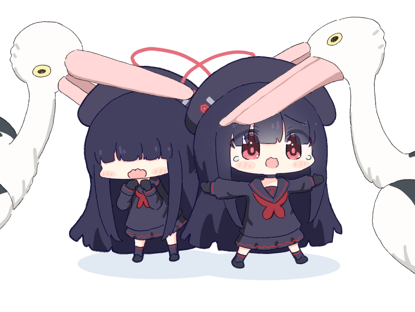 2girls bird black_choker black_footwear black_gloves black_hair black_headwear black_sailor_collar black_shirt black_skirt black_socks blue_archive blunt_bangs blush_stickers chibi choker commentary gloves hair_over_eyes halo hands_up justice_task_force_member_(blue_archive) long_hair long_sleeves multiple_girls neckerchief no_nose open_mouth outstretched_arms pelican puffy_long_sleeves puffy_sleeves red_eyes red_neckerchief sailor_collar shirt skirt socks standing tearing_up umihio very_long_hair wavy_mouth