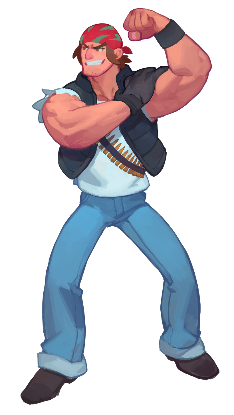 1boy bandana black_footwear brown_eyes brown_hair denim fl_(l-fl) gloves hand_up highres ikari_warriors jeans male_focus mature_male muscular pants ralf_jones shirt simple_background single_glove soldier solo the_king_of_fighters thick_eyebrows vest white_background white_shirt